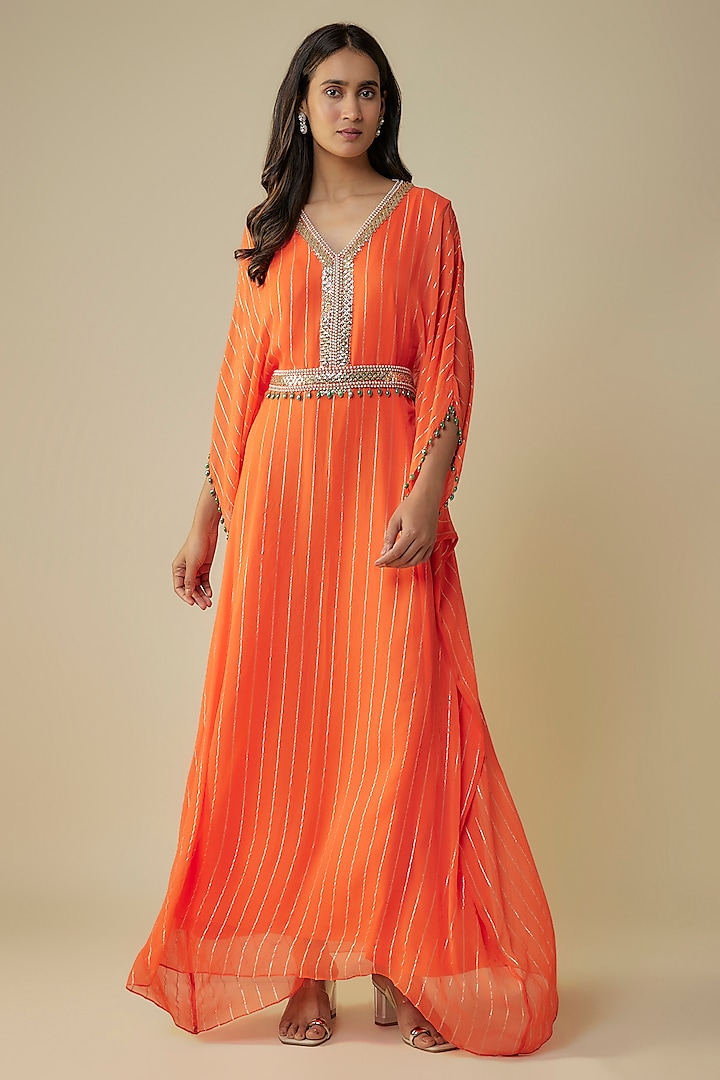 Tangerine Georgette Sequins Embroidered Kaftan by Kresha Lulla at Pernia's Pop Up Shop