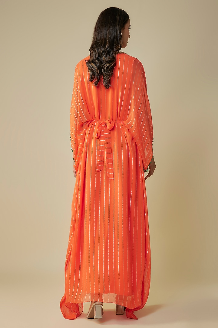 Tangerine Georgette Sequins Embroidered Kaftan by Kresha Lulla at Pernia's Pop Up Shop