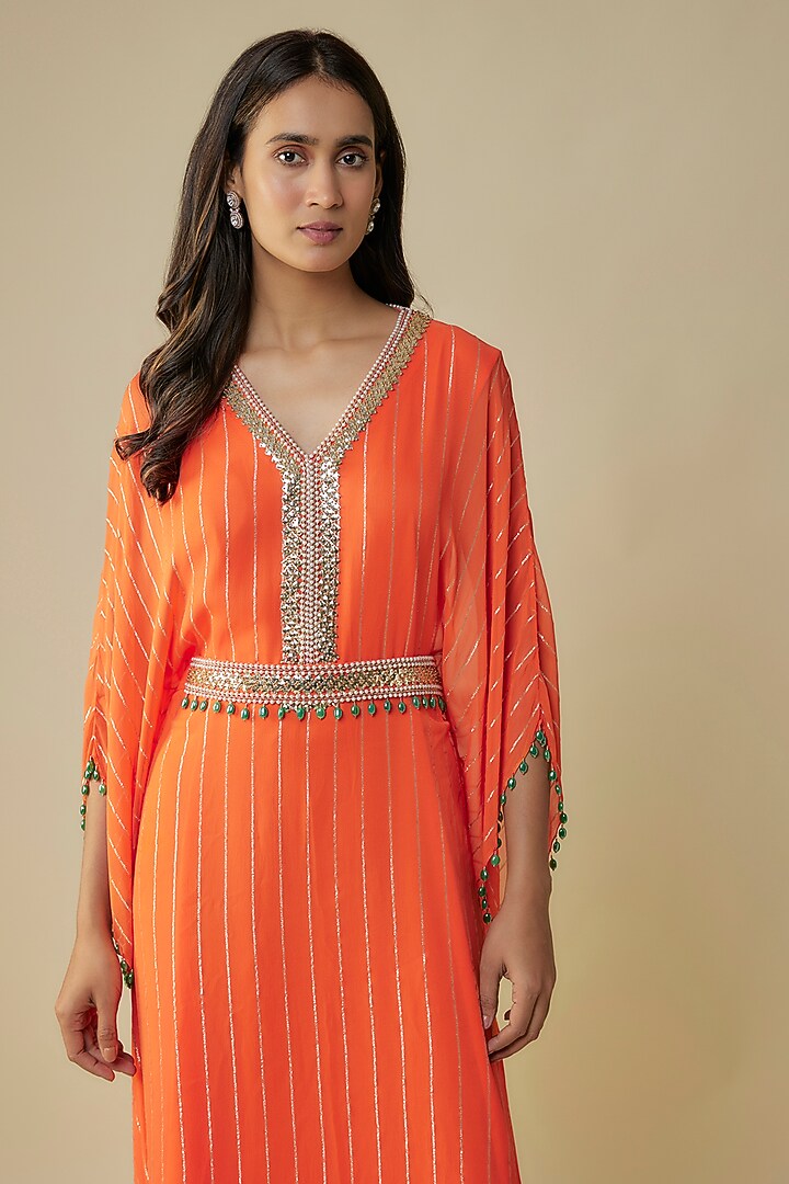 Tangerine Georgette Sequins Embroidered Kaftan by Kresha Lulla at Pernia's Pop Up Shop
