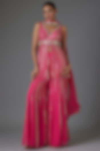 Pink Raw Silk & Georgette Sequins Embroidered Sharara Set by Kresha Lulla at Pernia's Pop Up Shop