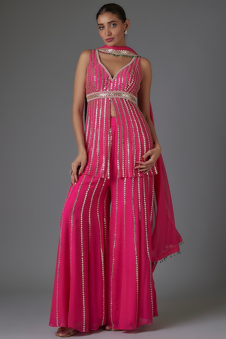 Pink Raw Silk & Georgette Sequins Embroidered Sharara Set by Kresha Lulla at Pernia's Pop Up Shop