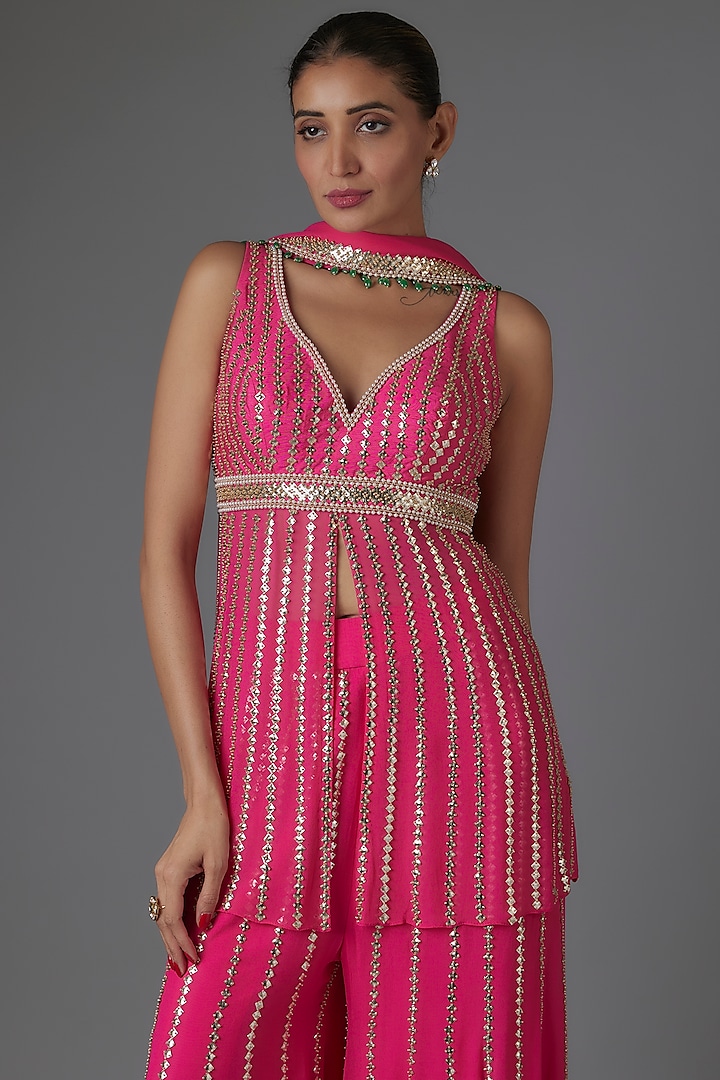 Pink Raw Silk & Georgette Sequins Embroidered Wedding Sharara Set by Kresha Lulla at Pernia's Pop Up Shop