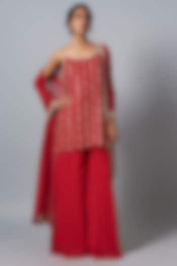 Crimson Red Georgette Sharara Set by Kresha Lulla at Pernia's Pop Up Shop