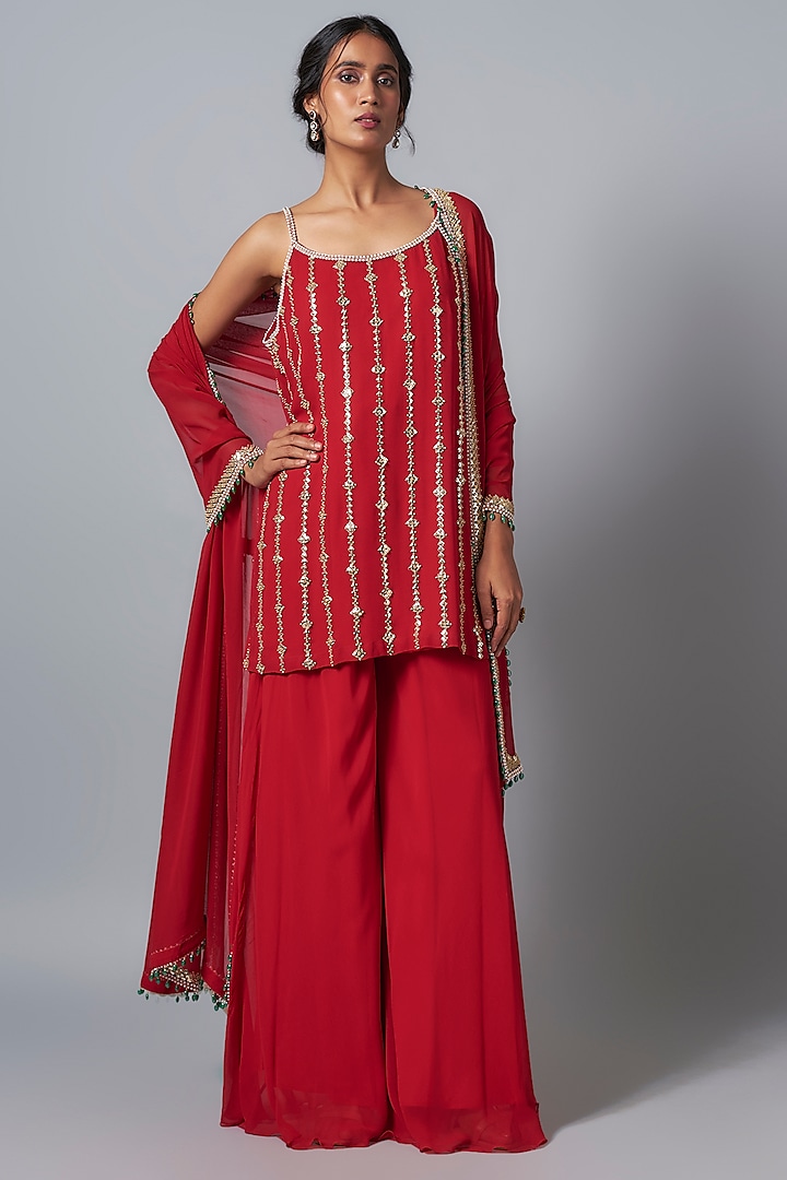 Crimson Red Georgette Sharara Set by Kresha Lulla at Pernia's Pop Up Shop