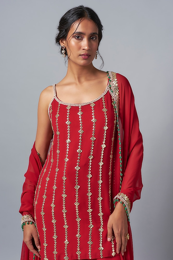 Crimson Red Georgette Wedding Sharara Set by Kresha Lulla at Pernia's Pop Up Shop