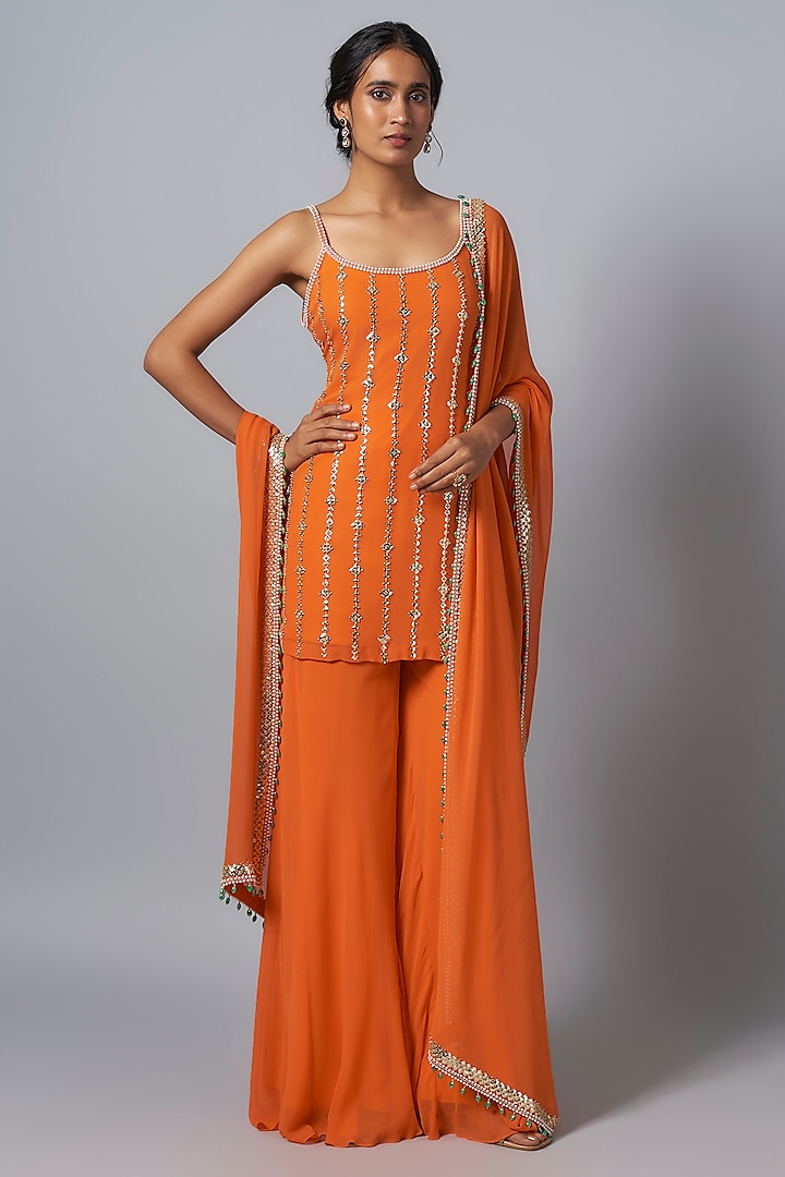 Tangerine Orange Georgette Sharara Set by Kresha Lulla at Pernia's Pop Up Shop