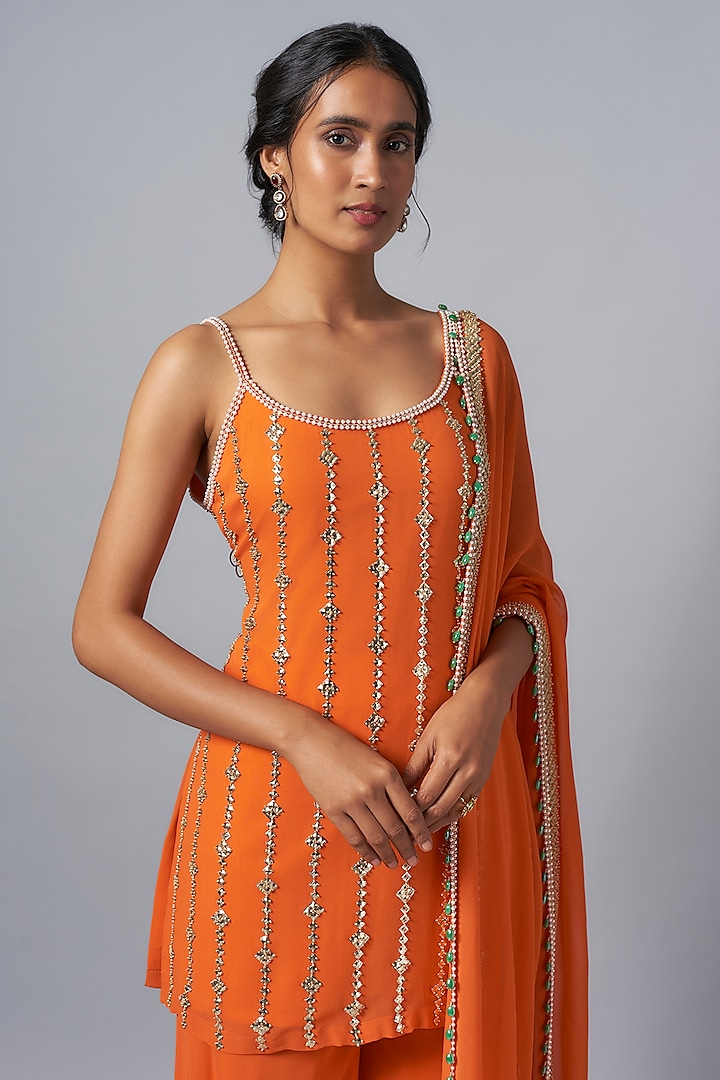 Tangerine Orange Georgette Wedding Sharara Set by Kresha Lulla at Pernia's Pop Up Shop