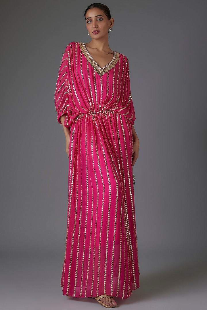 Pink Georgette Sequins Embroidered Kaftan by Kresha Lulla at Pernia's Pop Up Shop