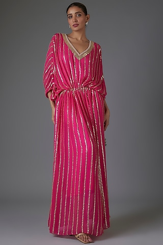 Pink Georgette Sequins Embroidered Kaftan by Kresha Lulla
