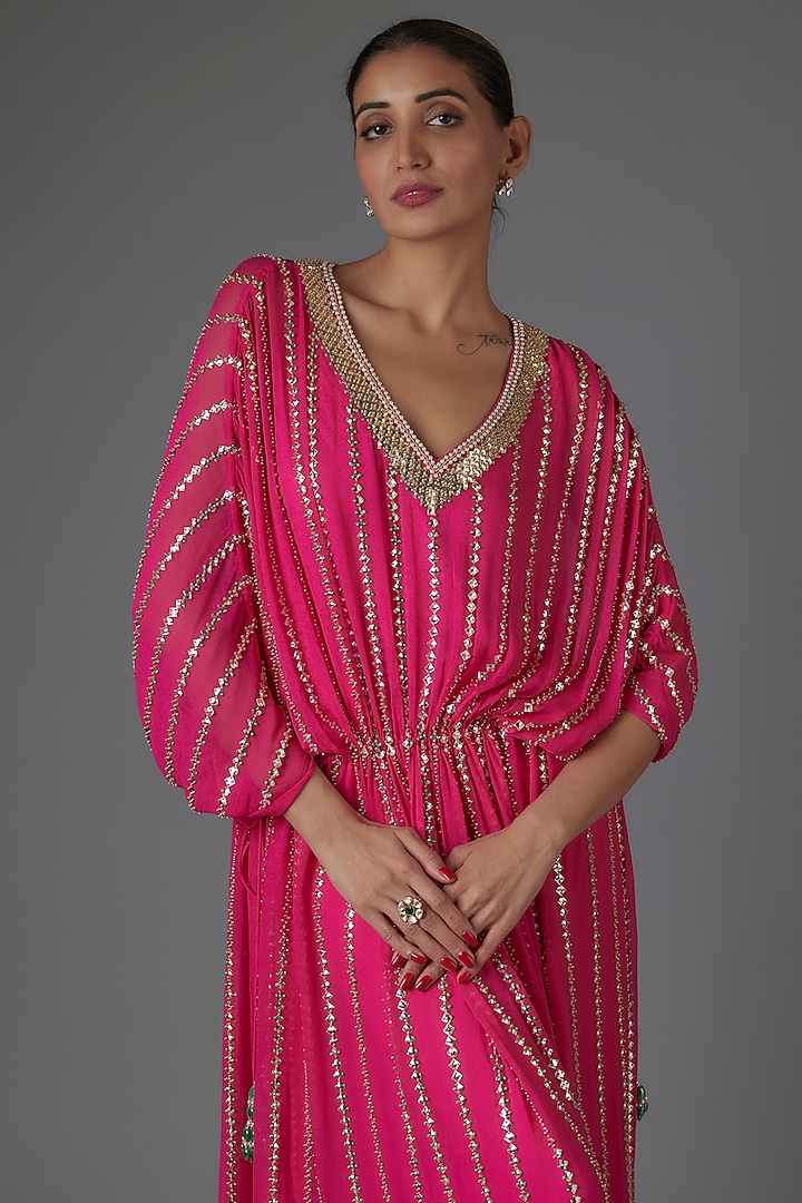 Pink Georgette Sequins Embroidered Kaftan by Kresha Lulla at Pernia's Pop Up Shop