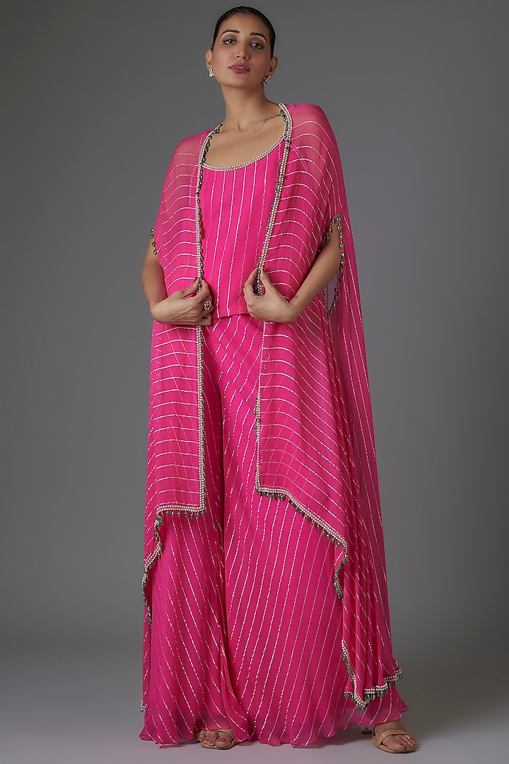 Pink Georgette Sequins & Bead Embroidered Cape Set by Kresha Lulla at Pernia's Pop Up Shop