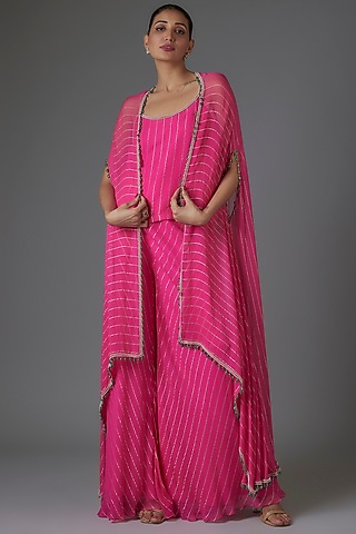 Pink Georgette Sequins & Bead Embroidered Cape Set by Kresha Lulla