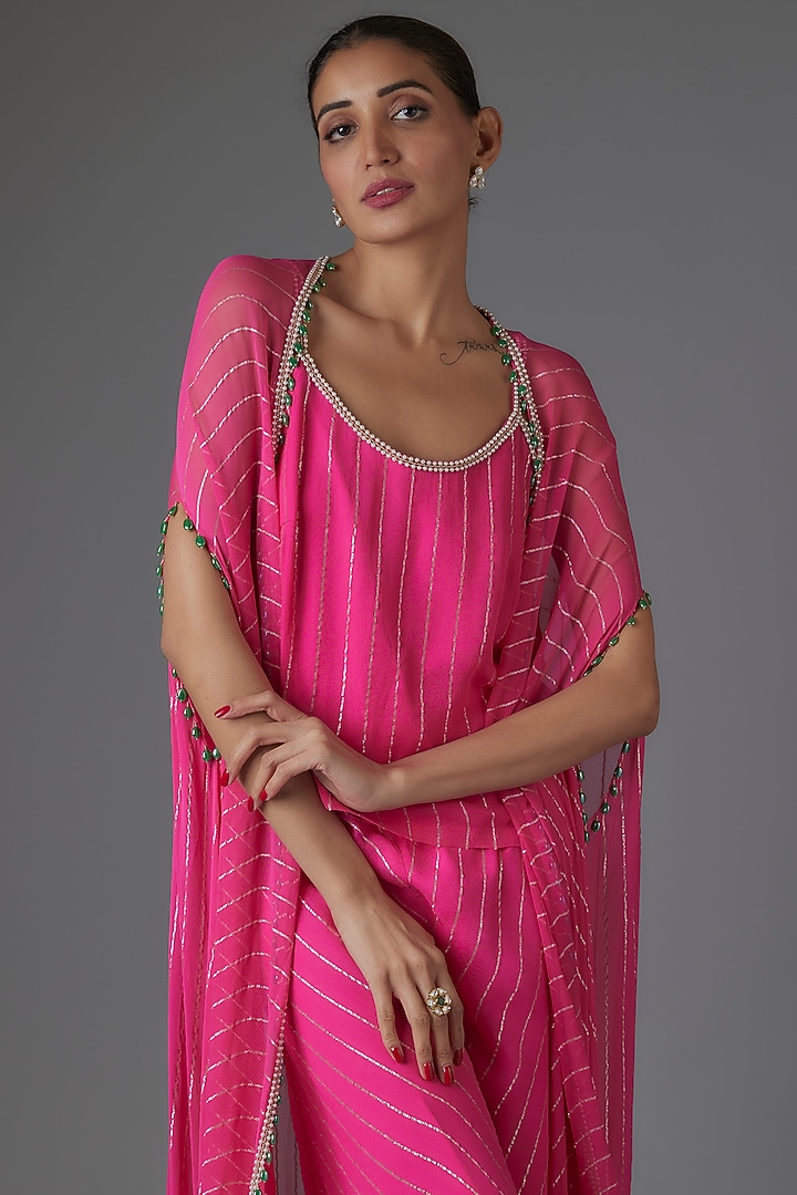 Pink Georgette Sequins & Bead Embroidered Cape Set by Kresha Lulla at Pernia's Pop Up Shop