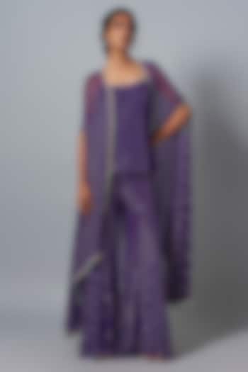 Purple Georgette Sequins Embroidered Cape Set by Kresha Lulla at Pernia's Pop Up Shop