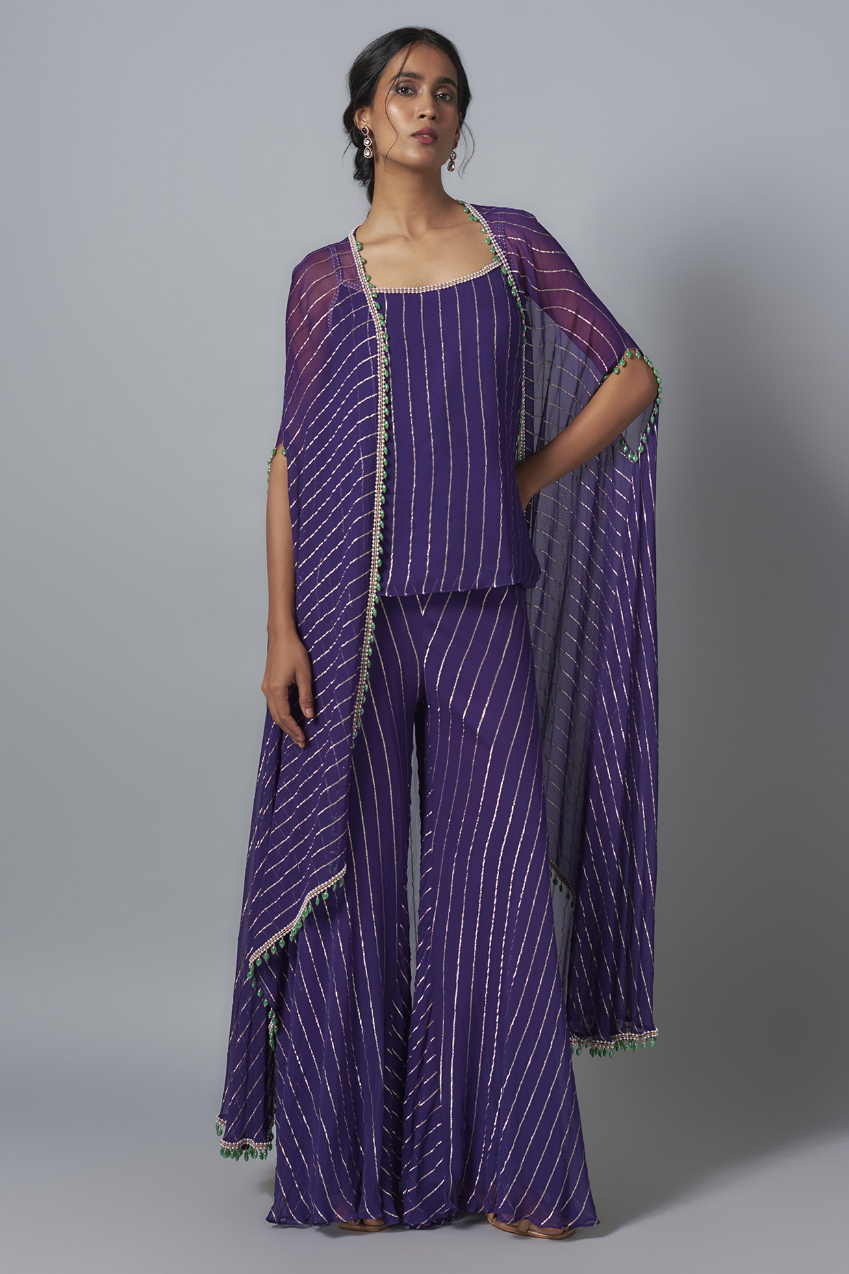 Purple Georgette Sequins Embroidered Cape Set by Kresha Lulla at Pernia's Pop Up Shop