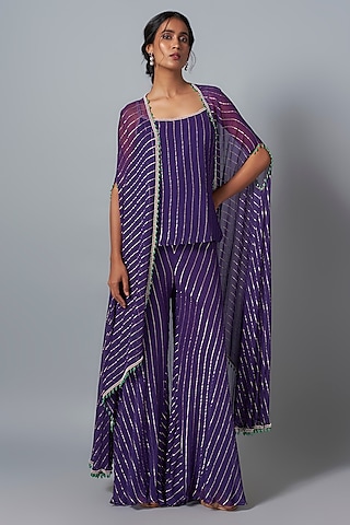 Purple Georgette Sequins Embroidered Cape Set by Kresha Lulla