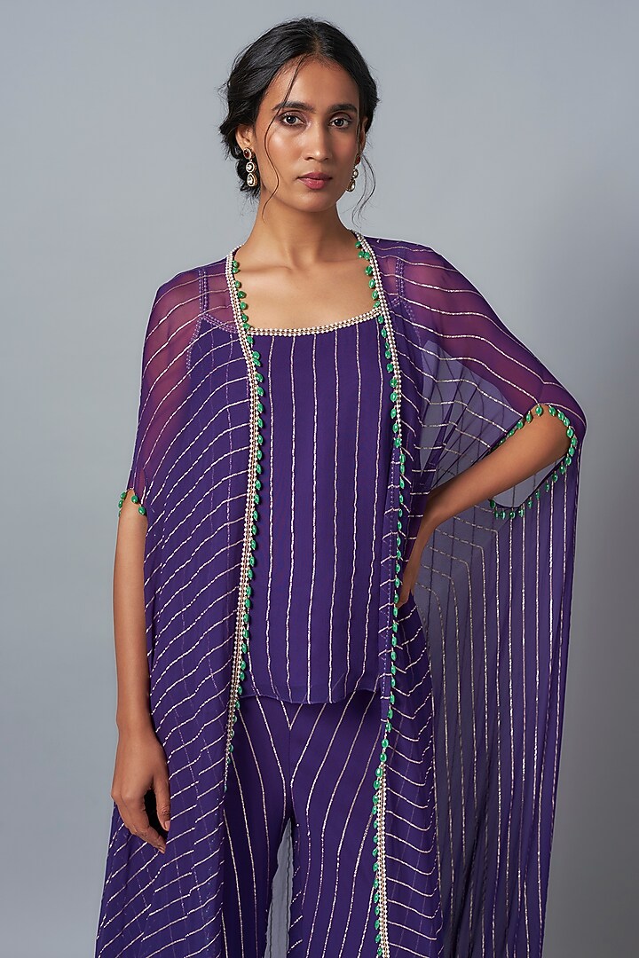 Purple Georgette Sequins Embroidered Cape Set by Kresha Lulla at Pernia's Pop Up Shop