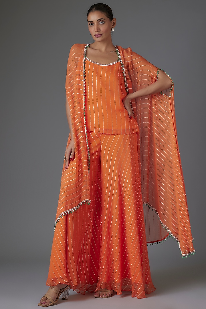 Orange Georgette Sequins & Bead Embroidered Cape Set by Kresha Lulla at Pernia's Pop Up Shop