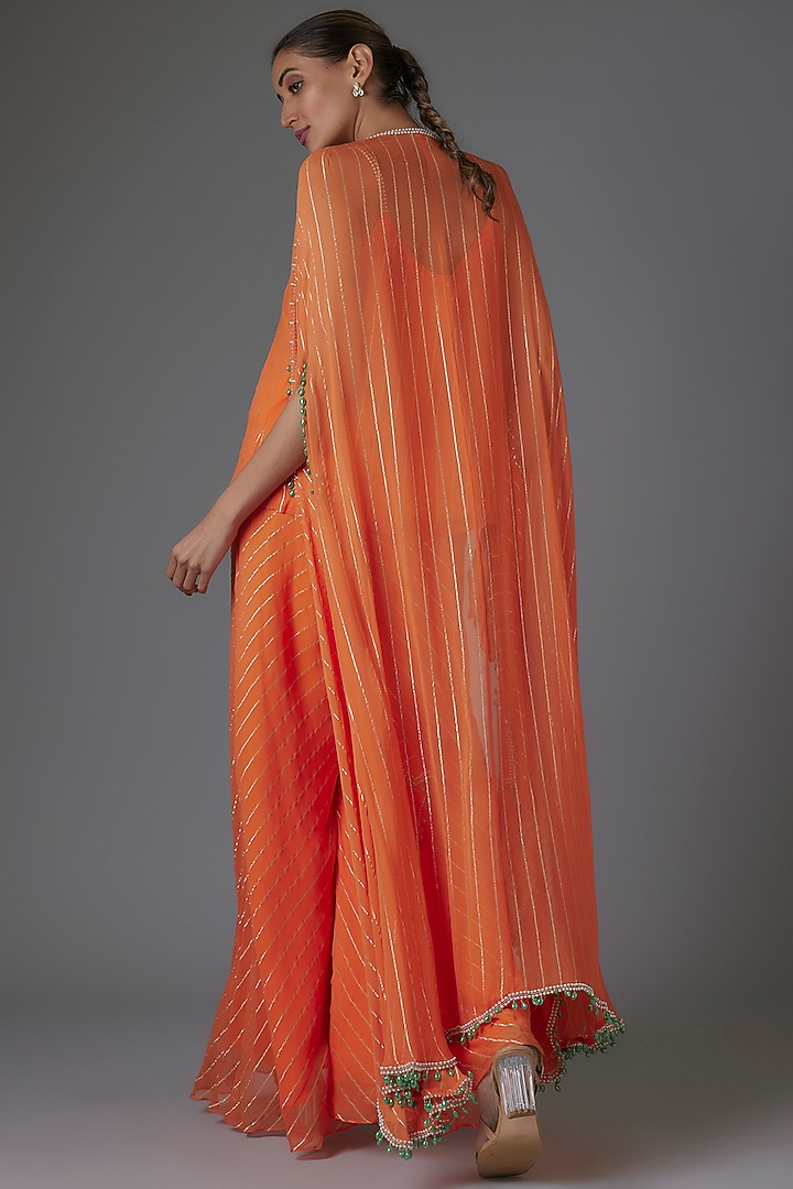 Orange Georgette Sequins & Bead Embroidered Cape Set by Kresha Lulla at Pernia's Pop Up Shop