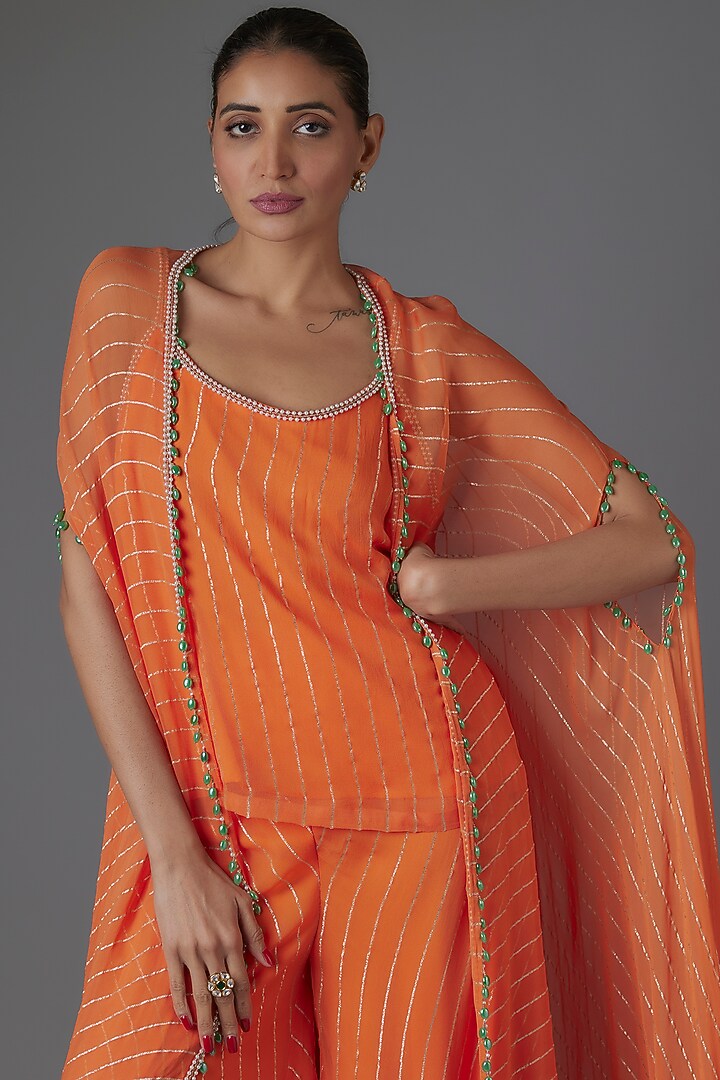 Orange Georgette Sequins & Bead Embroidered Cape Set by Kresha Lulla at Pernia's Pop Up Shop