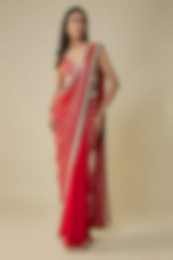 Red Georgette & Raw Silk Sequins Embroidered Saree Set by Kresha Lulla at Pernia's Pop Up Shop