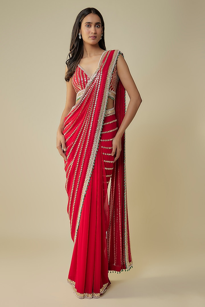 Red Georgette & Raw Silk Sequins Embroidered Saree Set by Kresha Lulla at Pernia's Pop Up Shop