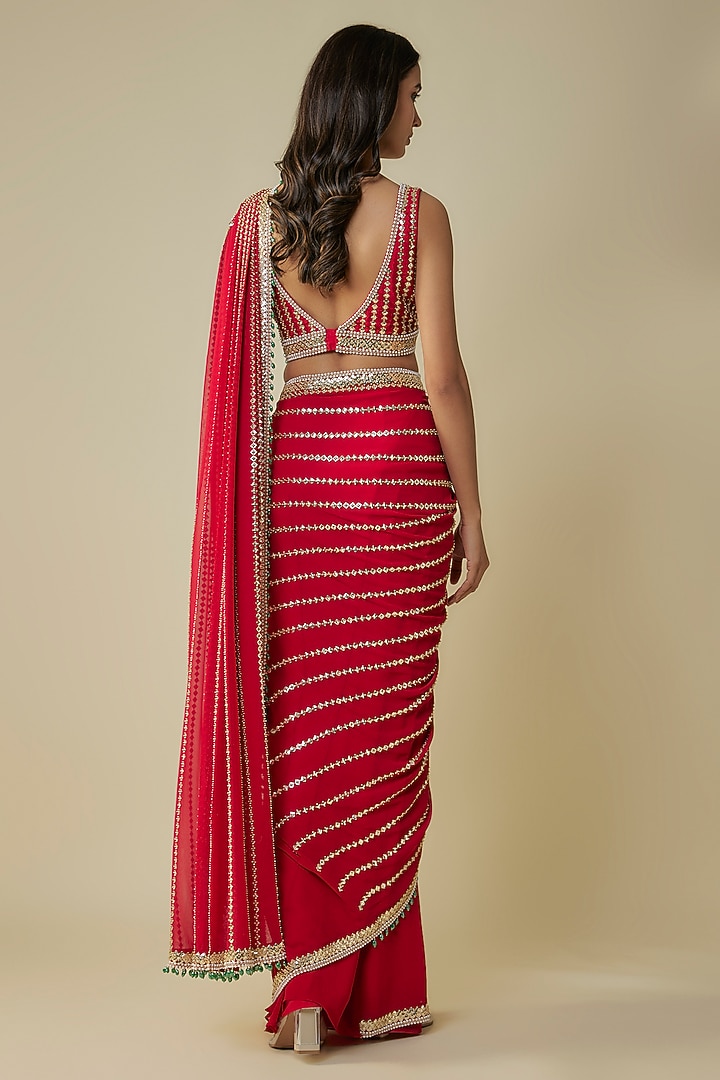 Red Georgette & Raw Silk Sequins Embroidered Reception Saree Set by Kresha Lulla at Pernia's Pop Up Shop