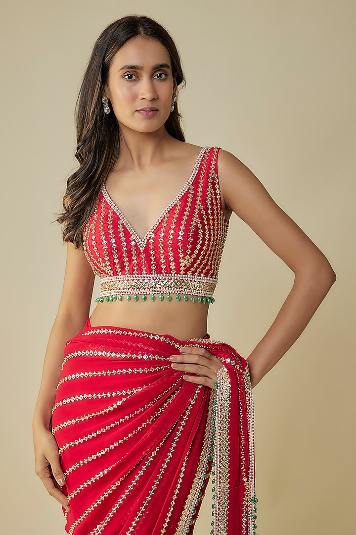 Red Georgette & Raw Silk Sequins Embroidered Reception Saree Set by Kresha Lulla at Pernia's Pop Up Shop