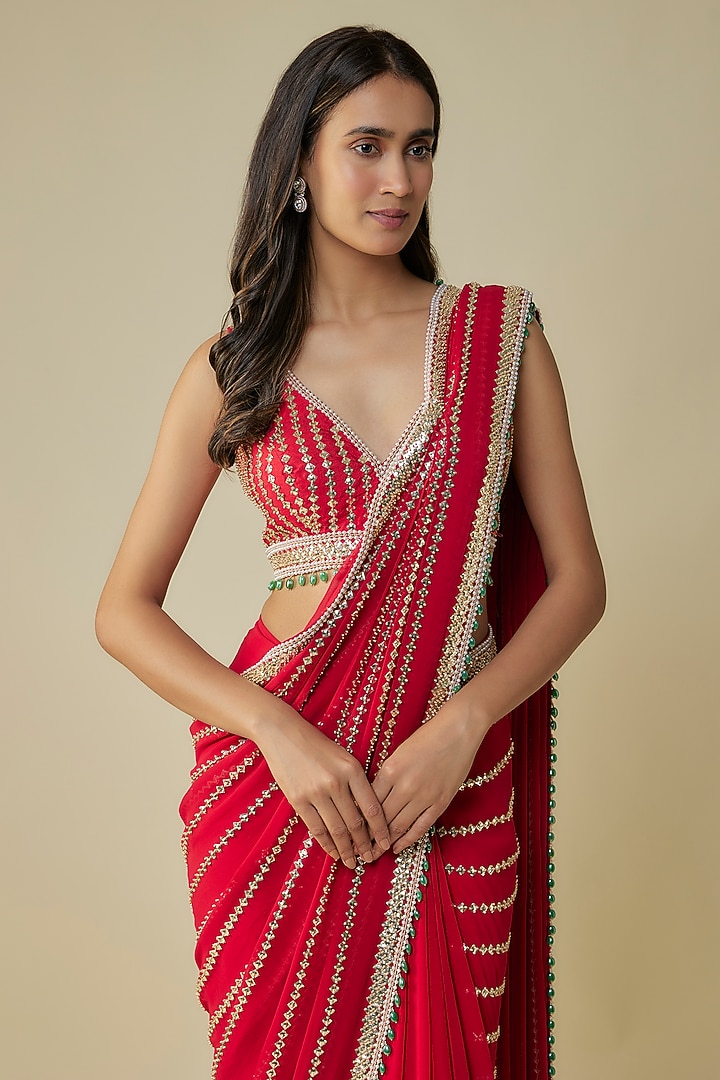 Red Georgette & Raw Silk Sequins Embroidered Reception Saree Set by Kresha Lulla at Pernia's Pop Up Shop