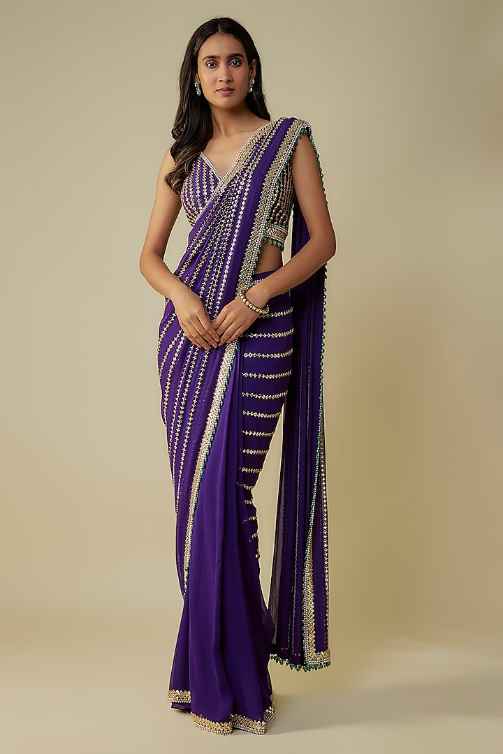 Purple Georgette & Raw Silk Sequins Embroidered Saree Set by Kresha Lulla at Pernia's Pop Up Shop