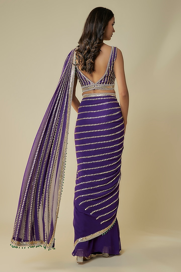 Purple Georgette & Raw Silk Sequins Embroidered Reception Saree Set by Kresha Lulla at Pernia's Pop Up Shop
