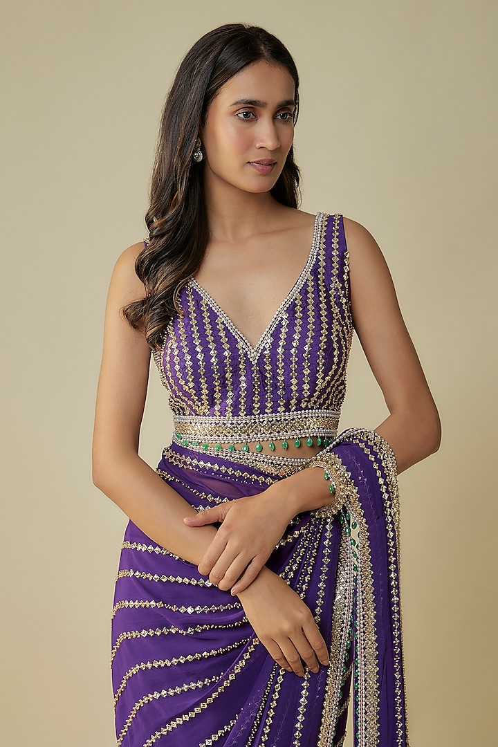Purple Georgette & Raw Silk Sequins Embroidered Reception Saree Set by Kresha Lulla at Pernia's Pop Up Shop