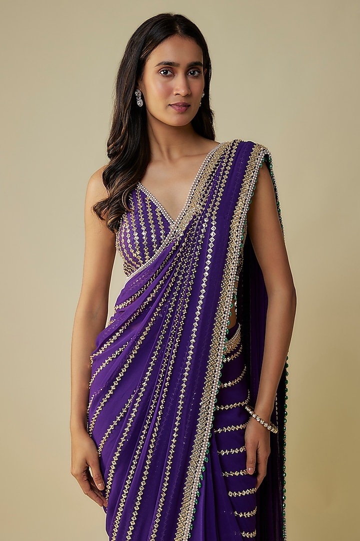 Purple Georgette & Raw Silk Sequins Embroidered Reception Saree Set by Kresha Lulla at Pernia's Pop Up Shop
