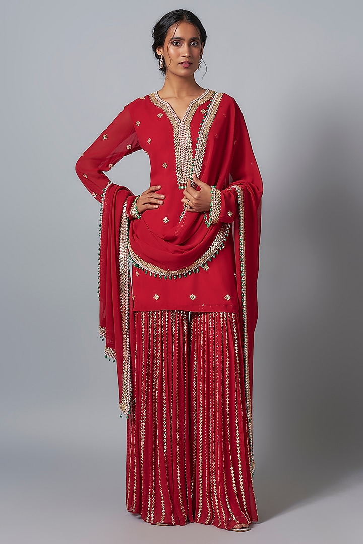 Red Georgette Sequins Embroidered Sharara Set by Kresha Lulla at Pernia's Pop Up Shop