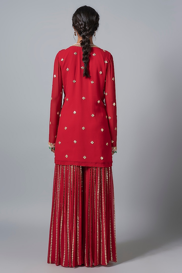 Red Georgette Sequins Embroidered Bridal Sharara Set by Kresha Lulla at Pernia's Pop Up Shop
