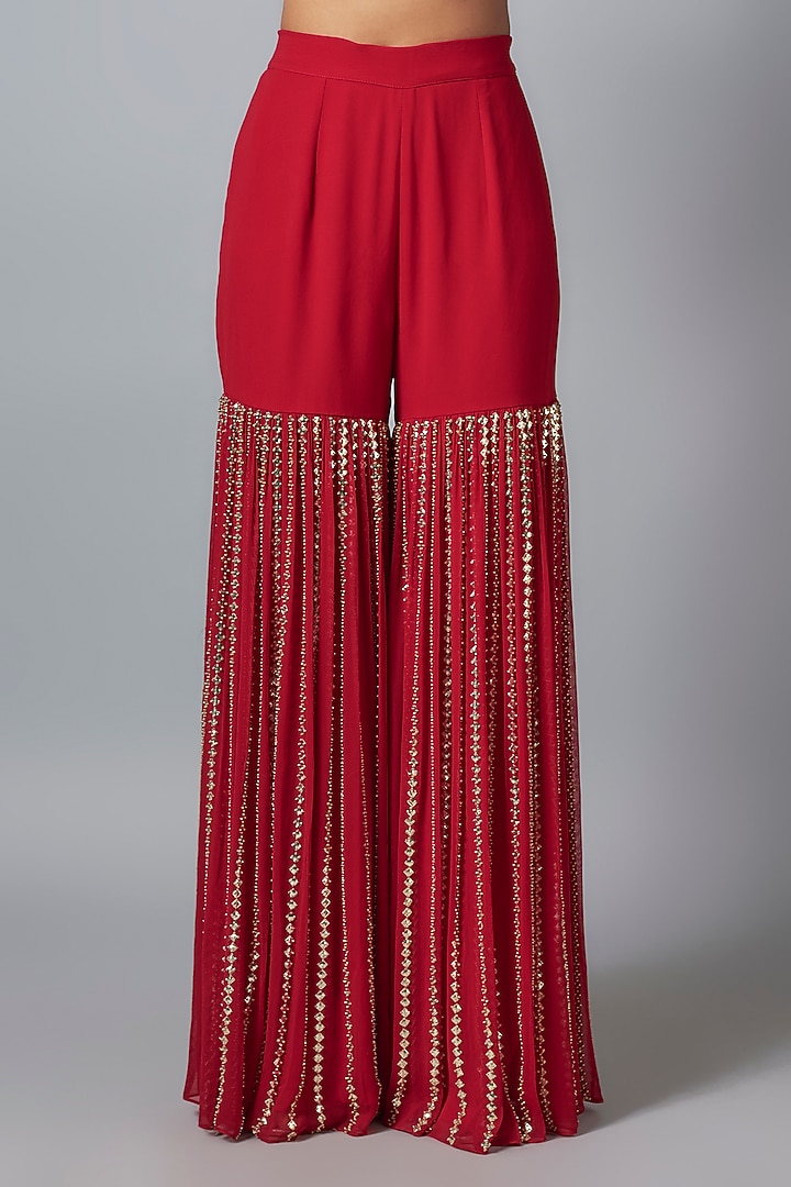 Red Georgette Sequins Embroidered Bridal Sharara Set by Kresha Lulla at Pernia's Pop Up Shop