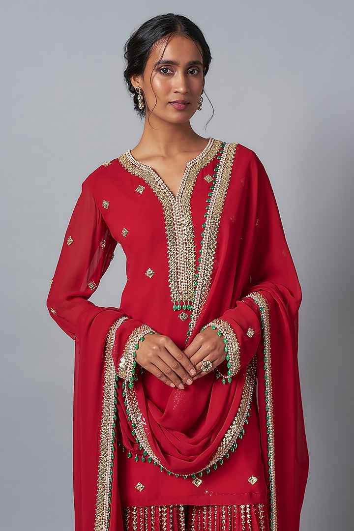 Red Georgette Sequins Embroidered Bridal Sharara Set by Kresha Lulla at Pernia's Pop Up Shop
