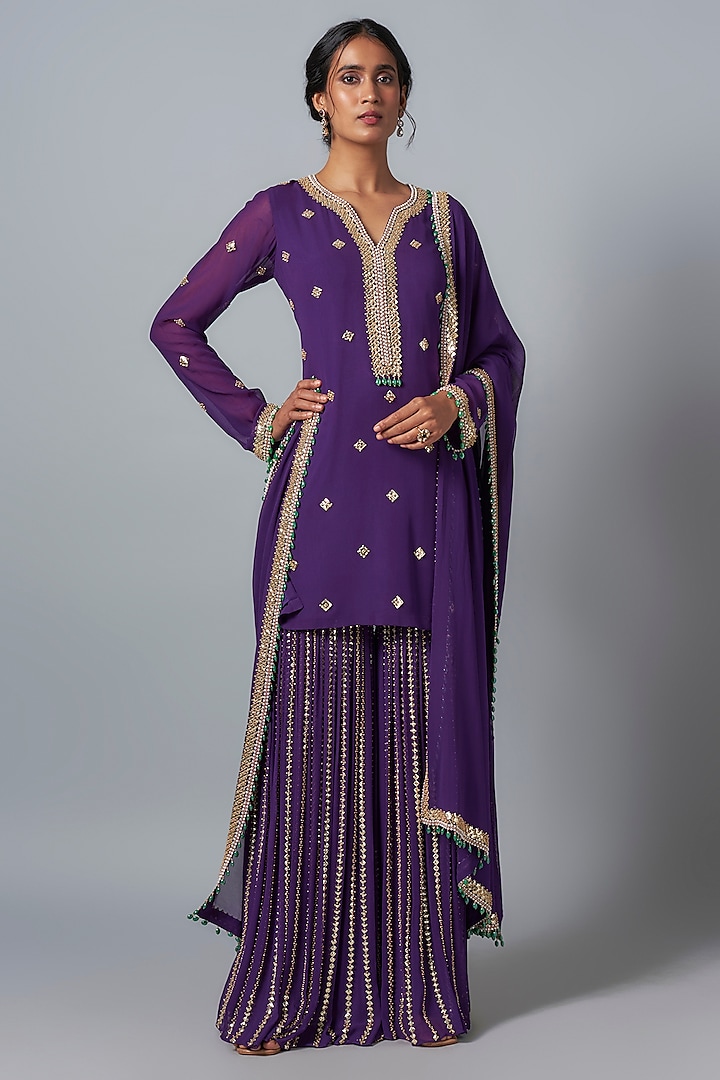 Purple Georgette Sequins Embroidered Sharara Set by Kresha Lulla at Pernia's Pop Up Shop