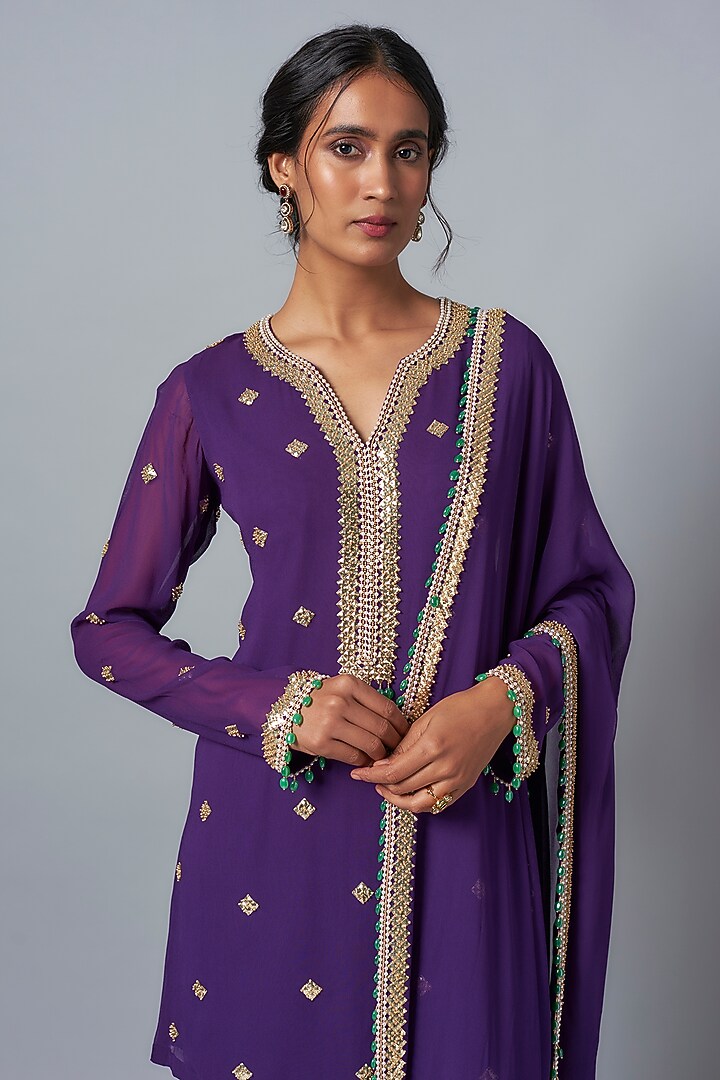 Purple Georgette Sequins Embroidered Bridal Sharara Set by Kresha Lulla at Pernia's Pop Up Shop
