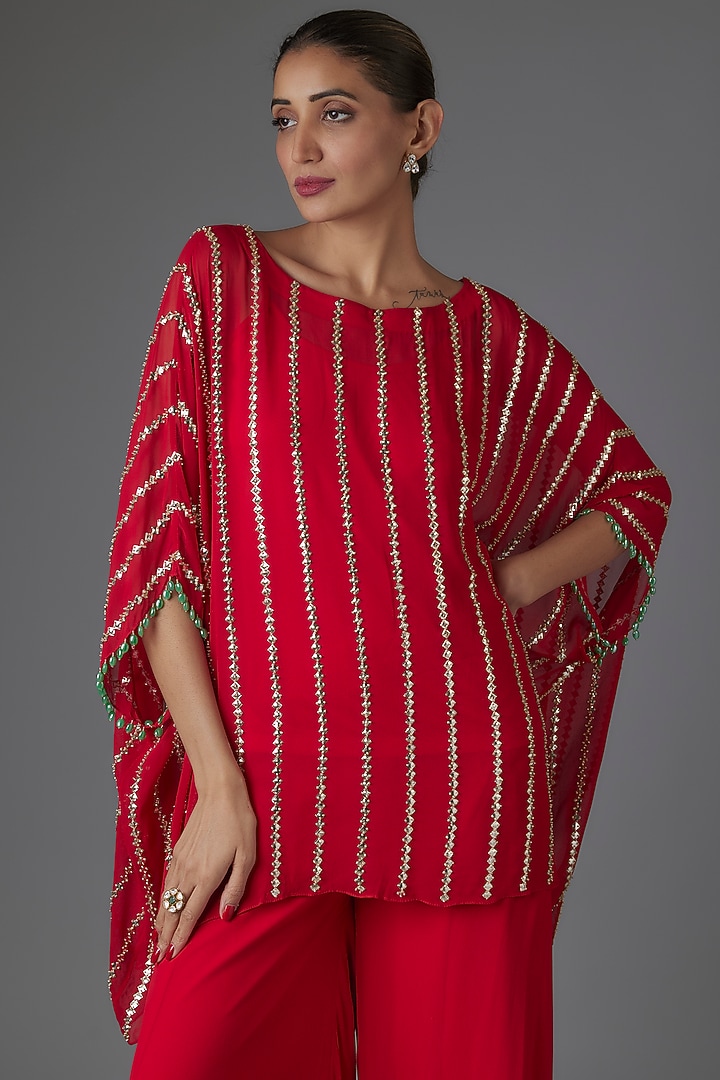 Red Georgette Sequins & Bead Embroidered Tunic Set by Kresha Lulla at Pernia's Pop Up Shop