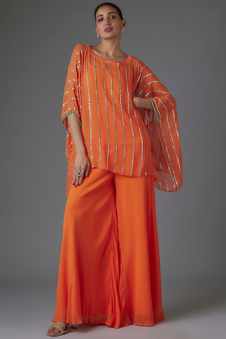 Orange Georgette Sequins & Bead Embroidered Tunic Set by Kresha Lulla at Pernia's Pop Up Shop