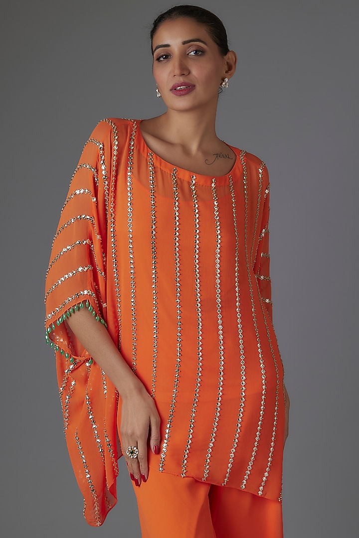 Orange Georgette Sequins & Bead Embroidered Tunic Set by Kresha Lulla at Pernia's Pop Up Shop
