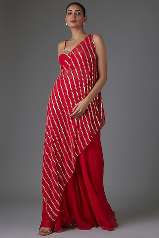 Red Georgette Sequins Embroidered Asymmetric Cape Set by Kresha Lulla