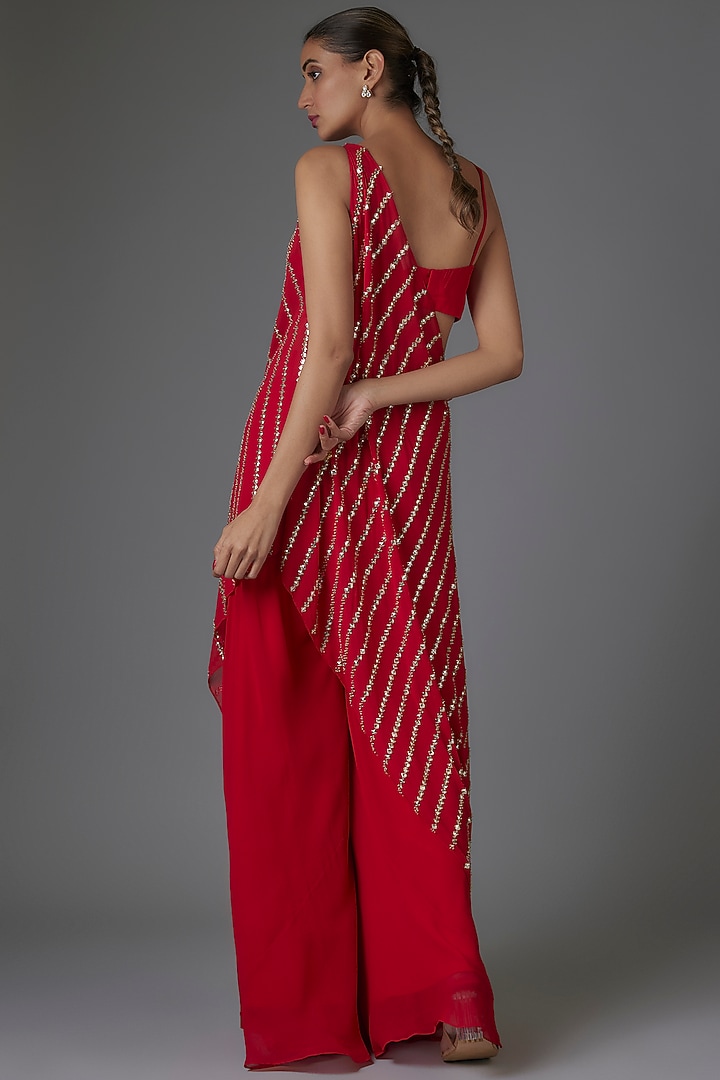 Red Georgette Sequins Embroidered Asymmetric Cape Set by Kresha Lulla at Pernia's Pop Up Shop