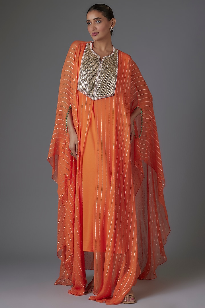 Tangerine Georgette Sequins & Bead Embroidered Kaftan by Kresha Lulla at Pernia's Pop Up Shop