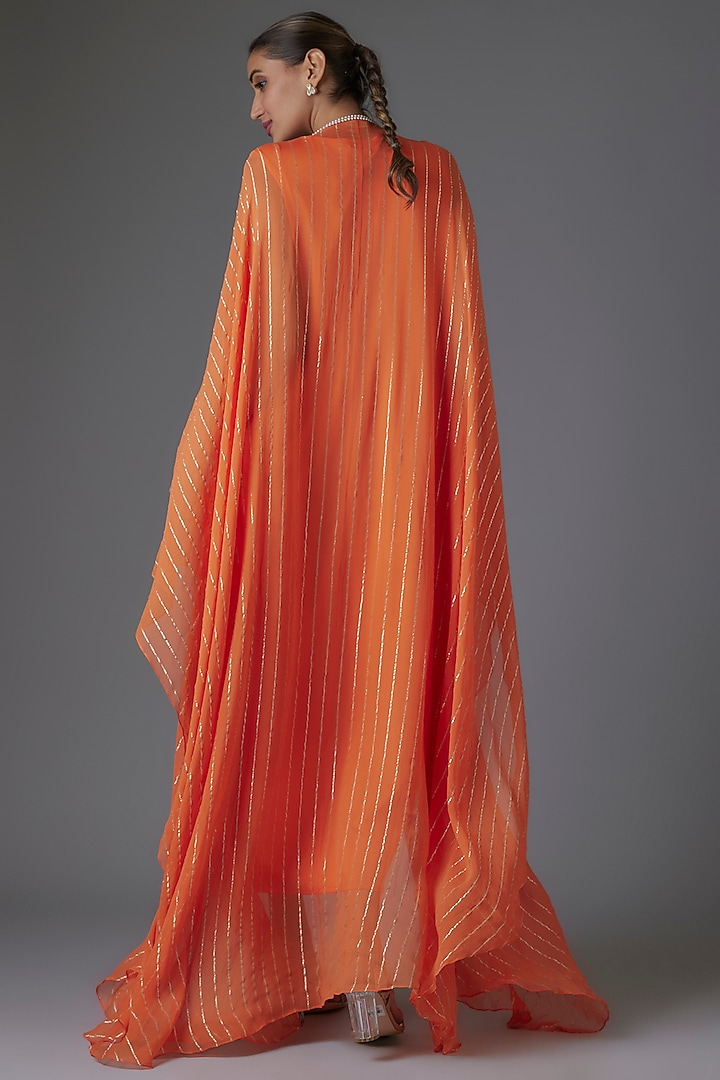 Tangerine Georgette Sequins & Bead Embroidered Kaftan by Kresha Lulla at Pernia's Pop Up Shop