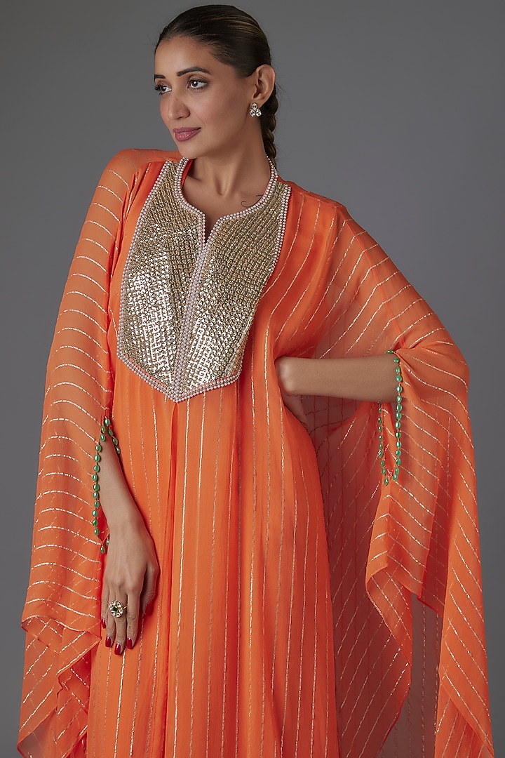 Tangerine Georgette Sequins & Bead Embroidered Kaftan by Kresha Lulla at Pernia's Pop Up Shop