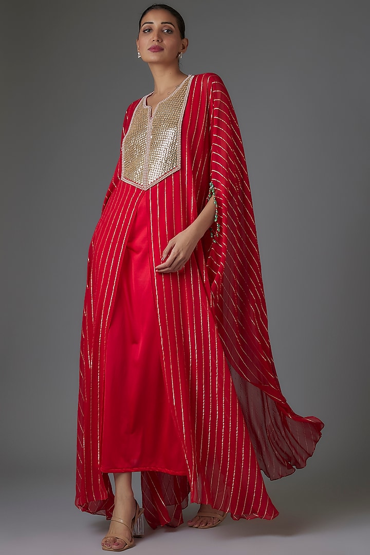 Red Georgette Sequins & Bead Embroidered Kaftan by Kresha Lulla at Pernia's Pop Up Shop