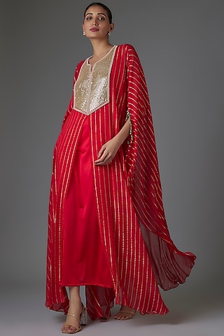 Red Georgette Sequins & Bead Embroidered Kaftan by Kresha Lulla