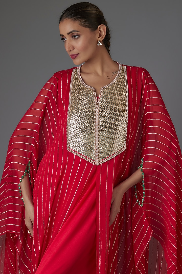 Red Georgette Sequins & Bead Embroidered Kaftan by Kresha Lulla at Pernia's Pop Up Shop